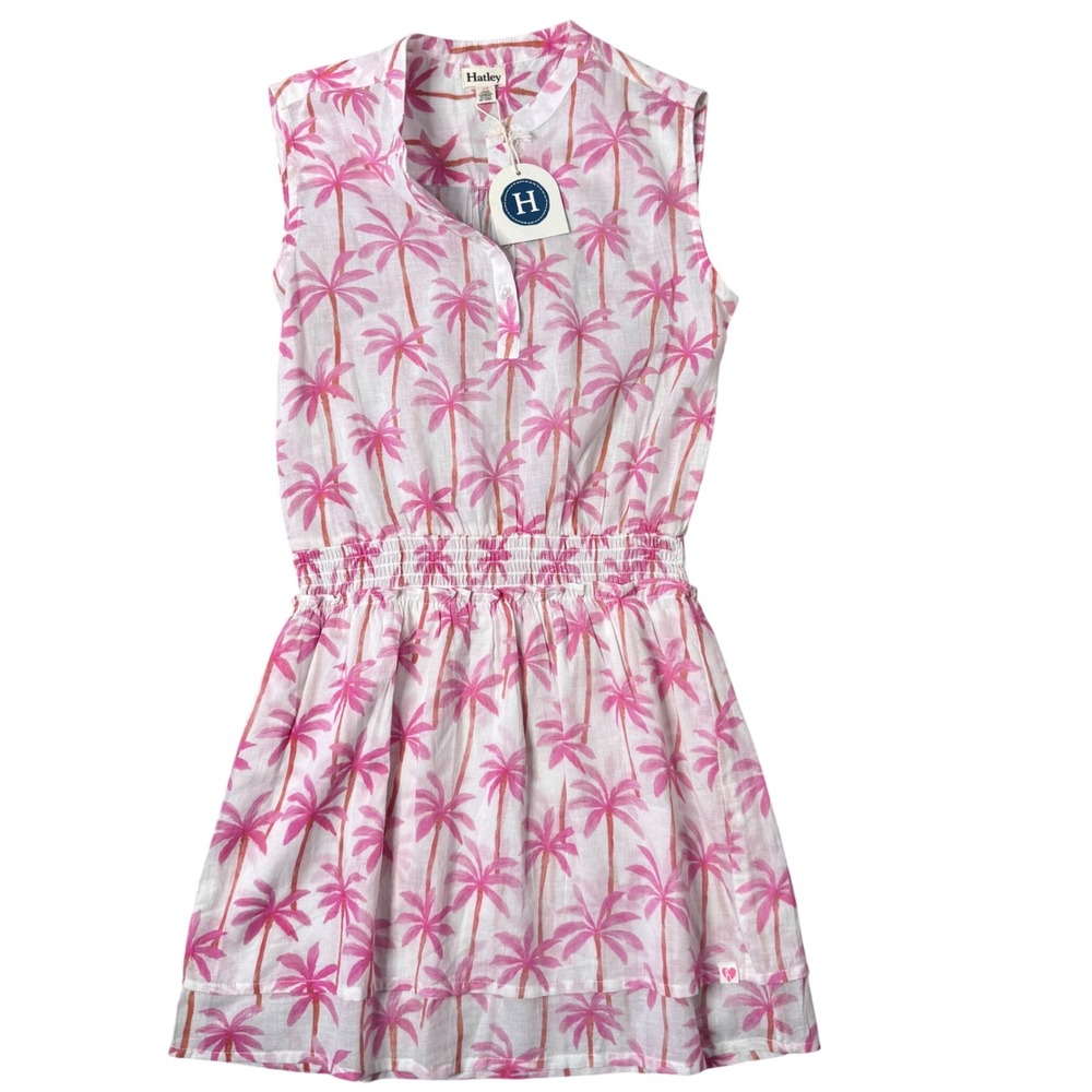 Hatley Girls‎ Pink Palm Tree Cotton Sleeveless Smocked Dress Size 12 NEW